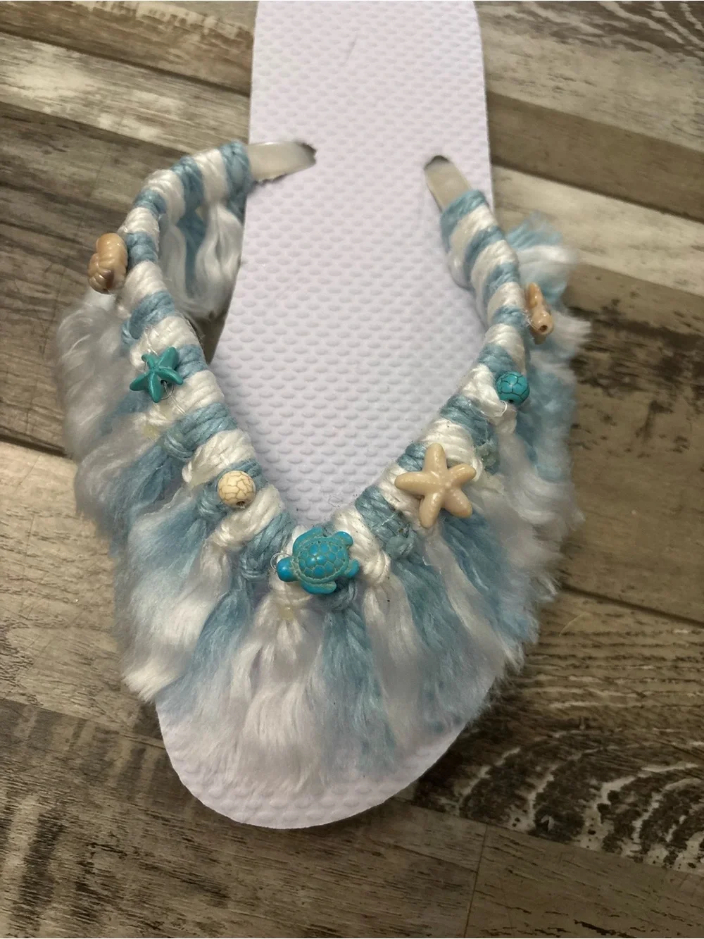 🩷. S-44. Handmade Coastal Kids Sandals - White with Aqua Accents